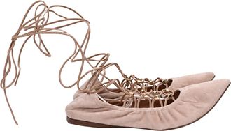 Valentino Garavani Pointed-Toe Wrap-Up Ballet Flats in Beige Suede