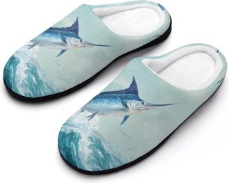 Generic A Blue Marlin Fish Jumping Funny Mens Cotton Slippers Soft Non-Slip Rubber Sole House Slipper Indoor Outdoor