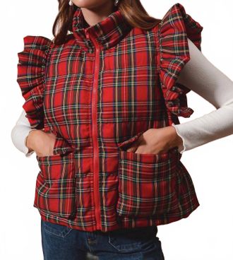 So Me Ruffle Plaid Puffer Vest In Red