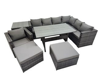 Fimous 9 Seater Patio Dining Corner Sofa Sets with Chair 2 Stools Side Table in Dark Grey