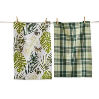 Tag Set of 2 Palm Butterfly Print Green Black Stripe Dishtowels at Nordstrom