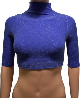 Phat Buddha Women Mock Neck Metallic Stretch Crop Top In Blue