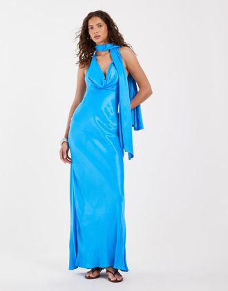 Asos vestito maxi in raso con scollo ad anello e sciarpa, color aqua-Blu
