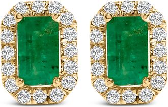 House of Brilliance 14K Yellow Gold Green Emerald and 1/8 Cttw Diamond Halo Octagonal Shaped Stud Earrings