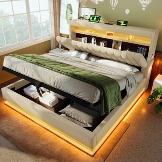 Matteo Super King Upholstered Bed Frame - LED Lighting & Smart Storage in Beige