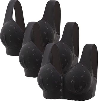 Generic 3PCS Plus Size Front Fastening Bras for Women UK Sales V-Neck Full Coverage Non Wired Stretchy Underwear Sexy Front Button Shaping Cup Adjustable Shou