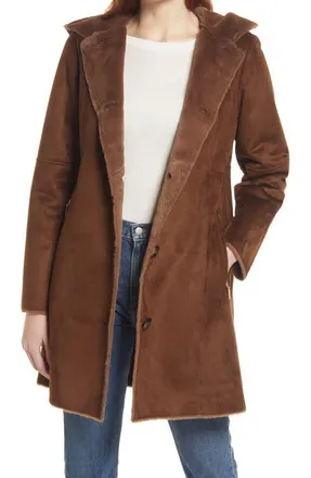 Gallery Hooded Faux Suede & Faux Shearling A-Line Coat in Brown at Nordstrom, Size X-Large