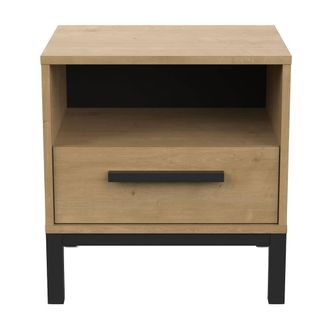 Calicosy Bedside Table With 1 Drawer & 1 Niche, Oak & Matte Black Finish, in Light Brown