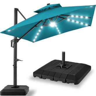 Best Choice Products 12x12ft 2-Tier Square Outdoor Solar LED Cantilever Umbrella w/ 360-Rotating Base - Sky Blue