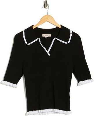 Nanette Lepore Scalloped Collar Short Sleeve Polo Sweater in Very Black/White at Nordstrom Rack, Size X-Large