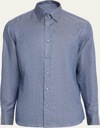 Brioni Mens Solid Cotton Point-Collar Sport Shirt