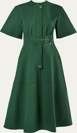 Carolina Herrera Short-Sleeve Belted Cotton A-Line Midi Dress