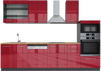 Vicco Mueble De Cocina Fame-line, Burdeos Brillo Intenso/antracita, 300 Cm Con Armario Alto, Et Roble