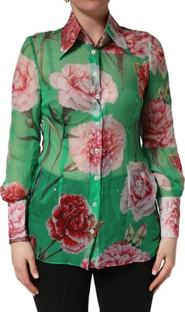 Dolce & Gabbana Green CarnationPrint Silk Collared Blouse Womens Top (Pre-Owned)