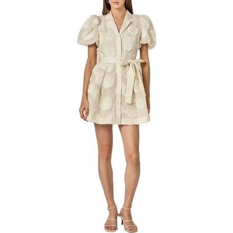 English Factory Shell Puff Sleeve Tie Waist Minidress in Off White at Nordstrom, Size X-Small
