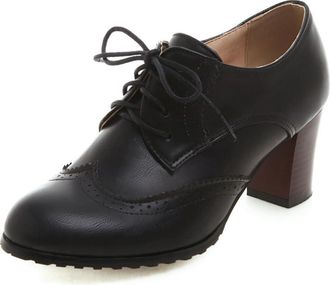 Generic MiaZane Womens Retro Cross Strap Round Toe High Block Heel Lace-Up Shoes for Daily Wear & Office Outfits PU Leather Comfortable,Black,6.5 UK