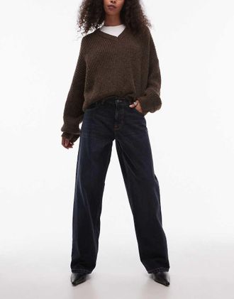 Topshop Cinch low rise jeans relaxed in inky black-Navy