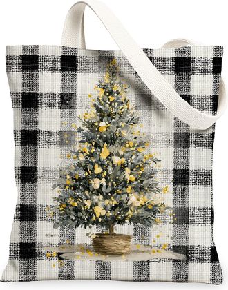 Generic Christmas Tree Canvas Tote Bags, Stylish Buffalo Check Pattern Reusable Shopping Bags, Lightweight Washable Tote for Travel Beach Grocery 13x15 Inch