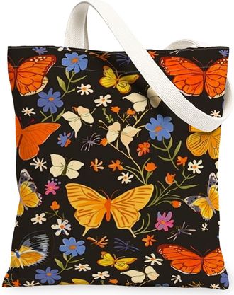 Generic Butterfly Floral Canvas Tote Bags, Vintage Butterfly Design Reusable Grocery Bags, Lightweight Washable Shoulder Strap Canv, Black, 13x15 Inch