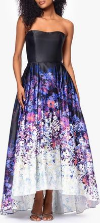 Betsy & Adam Ombré Floral Strapless High Low Ball Gown in Black/Floral at Nordstrom, Size 14