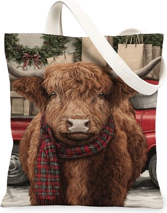 Generic Christmas Cow Canvas Tote Bags, Farm Animal Pattern Reusable Bags, Winter Vintage Lightweight Washable Canvas for Travel Pi, Brown, 13x15 Inch