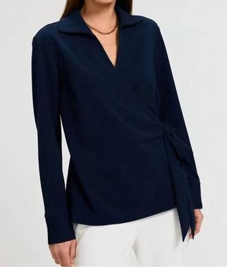 Foxcroft Rosie Knit Crepe Wrap Long Sleeve Shirt In Navy