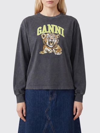 Ganni Felpa girocollo in cotone con logo stampato e spalle scese