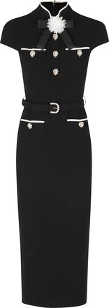 Self Portrait Black Bow Jeweled Buttons Wool Crepe Midi Dress