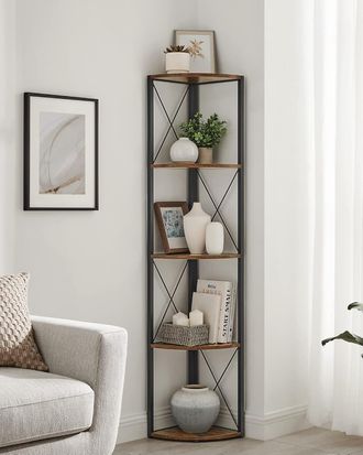 Songmics Estanter&iacute;a De Pared De Esquina De 5 Niveles, Librer&iacute;a De Esquina, Para Sala De Estar, Ba&ntilde;o, Cocina, Terraza, Pasillo, Montaje F&aacute;cil, Marr&oacute;n R&uacute;stico Y 