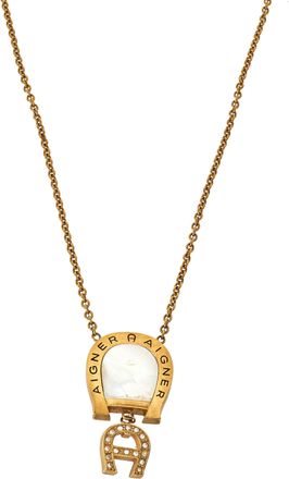 Aigner Gold Tone Mother Of Pearl Crystal Logo Pendant Necklace