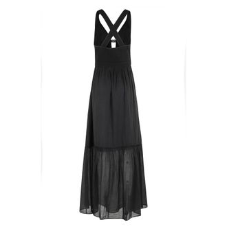 Pinko Maxi Dresses, female, Black, Size: S Cotton Voile Long Dress with Back Cross