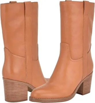 Nine West Hess Boots Womens Brown Leather Side Zip Almond Toe Mid Calf LION840
