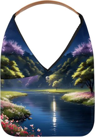 Generic Moonlight River Flowers Reusable Lightweight Grocery Bags - Foldable Into Compact Pouch, Washable & Sturdy, Multipurpose for Shopping and Travel