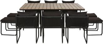 Maisons du monde Mesa de jard&iacute;n de material compuesto efecto teca para 6/10 personas, L. 170, con sillones (x6) y taburetes (x4) de resina negra