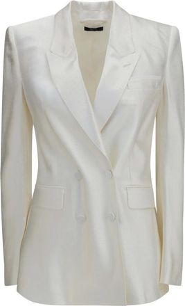 Tom Ford Dubbelrijige blazer met piek revers en schuine kleine polkadot print - Dames - Jassen - Wit - Maat: 3XS Zijde