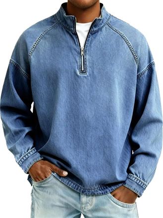 Generic Mens Workout Sweatshirts Vintage Long Sleeve Quarter Zip Washed Streetwear Hippie Pullover Tops Lightweight Casual Loose Fit Mock Neck Autumn Athletic