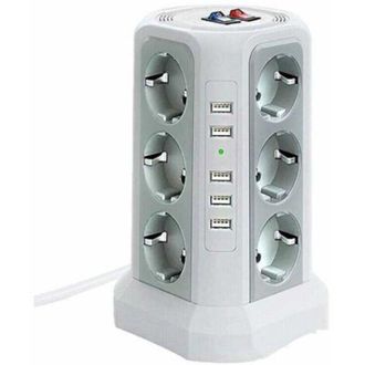 OEM Regleta Elevada Con Protecci&oacute;n Contra Sobretensiones Y Picos De Tensi&oacute;n - 12 Tomas De Corriente + 5 Puertos Usb + 3 Interruptores - Blanca