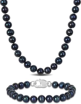 Amour Mens 2-Piece Set 8-8.5mm Black Cultured Freshwater Pearl Necklace and Bracelet with Sterling Silver Clasps - 20in & 9in