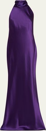 Ralph Lauren Chilton Halter Stretch Satin Evening Dress