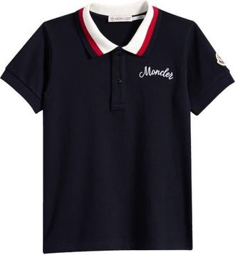 Moncler Kids Tricolor Stretch Cotton Polo in Navy at Nordstrom, Size 18-24M