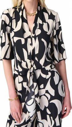Joseph Ribkoff Abstract Print Front Tie Blouse In Black/tan