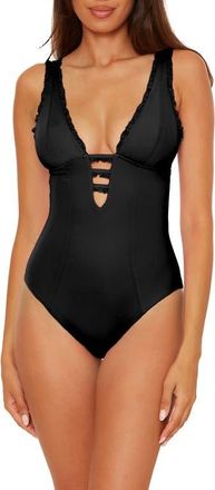 BECCA by Rebecca Virtue Frills Plunge One-Piece Swimsuit in Black at Nordstrom, Size Medium