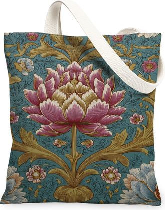 Generic Vintage Floral Canvas Tote Bags, Elegant Flowers Plant Design Reusable Grocery Bags, Lightweight Washable Shoulder Strap Ca, Blue, 13x15 Inch