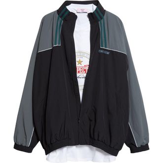 Martine Rose Paneled Nylon Track Jacket with Graphic T-Shirt Lining in Black Teal at Nordstrom, Size Large