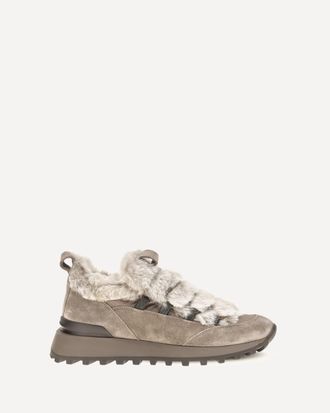 Brunello Cucinelli Suede and tech cotton Sneakers with shearling lining and monili detail Female 41