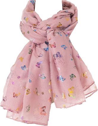 World of Shawls New Butterfly Print Ladies Celebrity Style Scarves Maxi, Scarf, Wrap, Sarong, shawls (New Multi Colour Glitter Dusky Pink)
