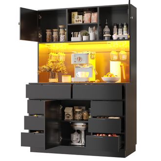 STILVORA Credenza Alta Da Cucina Con 8 Cassetti E Ripiani Regolabili, Led, Usb E Chiusura Magnetica, Mdf, 120 X 40 X 183,5 Cm, Nero