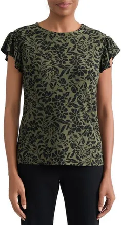 Jones New York Floral Flutter Sleeve Top in Jasper Green/jones Black at Nordstrom, Size X-Small