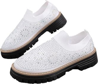 Generic Womens Knitted Mesh Platform Slip On Rhinestone Loafers, Fashion Glitter Chunky Heel Sneakers, Casual Slip-On Walking Shoes for Work Driving (White,8.