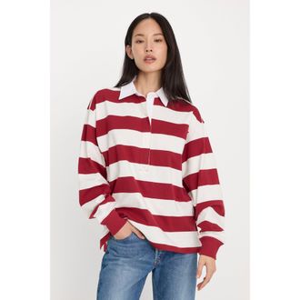 Good American Womens OverSized Rugby T-Shirt | Merlot And Chalk Rugby Stripe, Size Medium | Good American by Khlo&Egrave; Kardashian